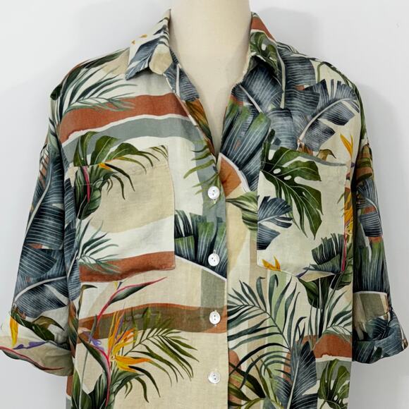SHORE Linen-Blend Short Sleeve Top Button Down Shirt Tunic Coverup Floral XS - Picture 2 of 10